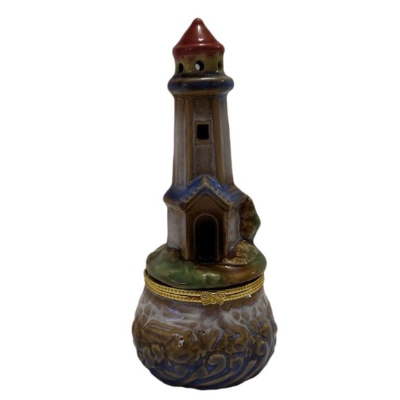 Lighthouse Trinket Box Nautical Hinged Ocean Waves Beach Glazed Porcelain 6 x 3" - Picture 1 of 5